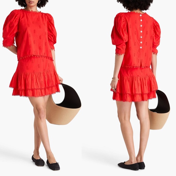 FARM Rio Dresses & Skirts - FARM RIO | Tiered Embroidered Cotton-Mousseline Mini Skirt in Red | Size Small